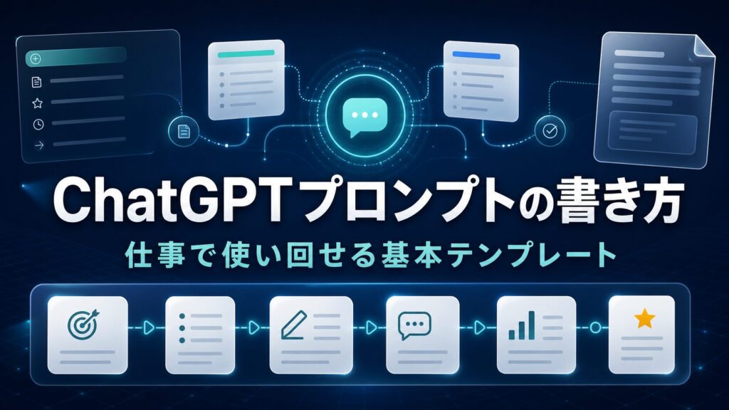 ChatGPTプロンプトの書き方と仕事で使い回せる基本テンプレートを示すAI生成サムネイル