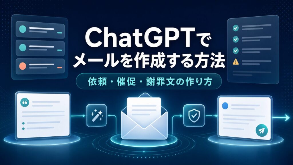ChatGPTでメールを作成する方法と依頼・催促・謝罪文の作り方を示すAI生成サムネイル