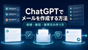 ChatGPTでメールを作成する方法と依頼・催促・謝罪文の作り方を示すAI生成サムネイル