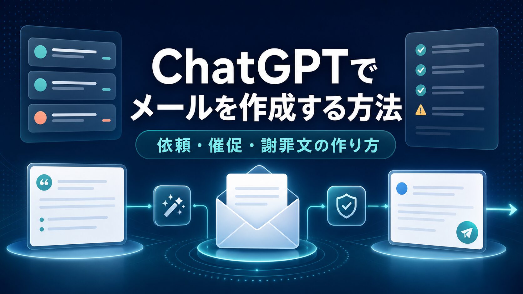 ChatGPTでメールを作成する方法と依頼・催促・謝罪文の作り方を示すAI生成サムネイル