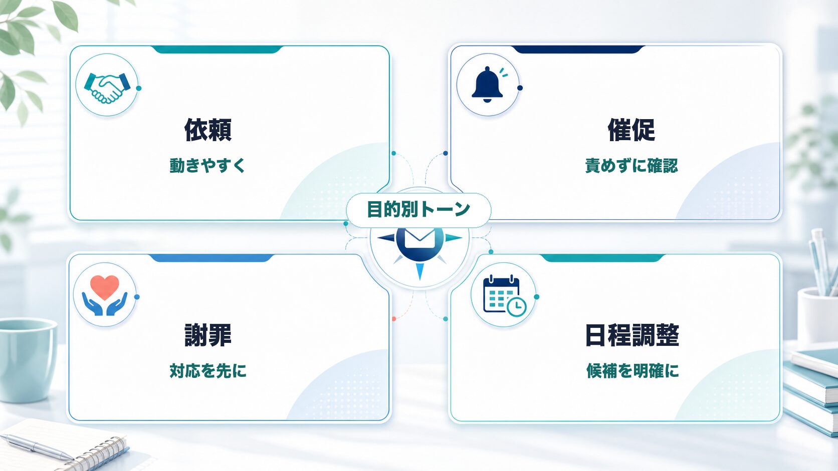 依頼、催促、謝罪、日程調整で変えるトーンを明るく示したAI生成図解