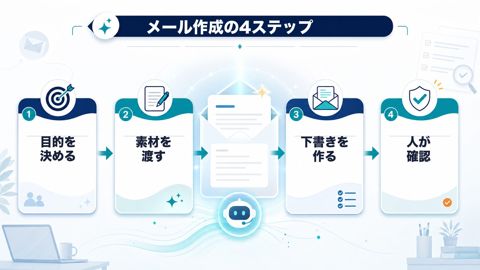 ChatGPTでメールを作成する4ステップを明るく示したAI生成図解