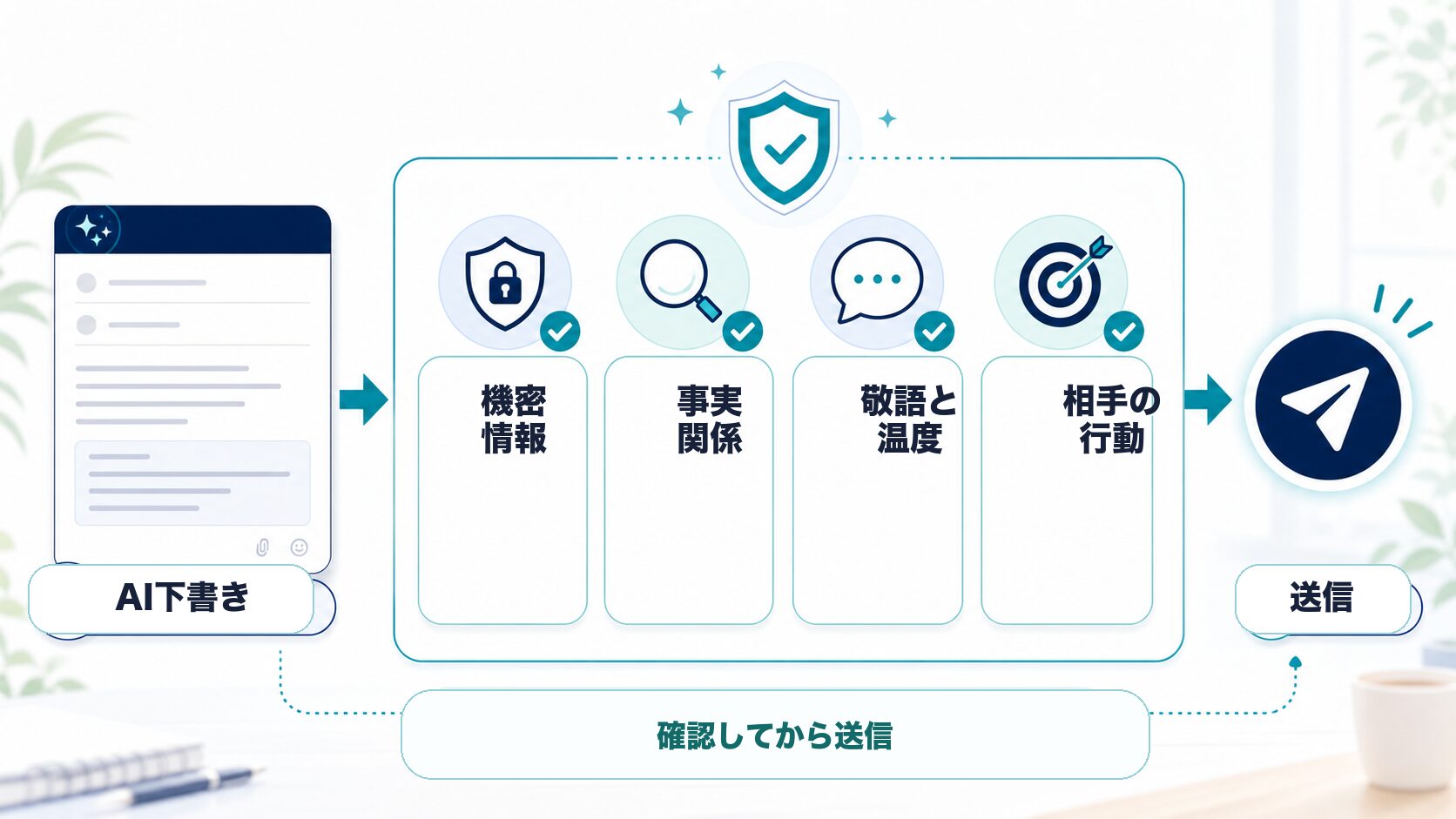 AI下書きメールを送信する前に確認する4項目を明るく示したAI生成図解