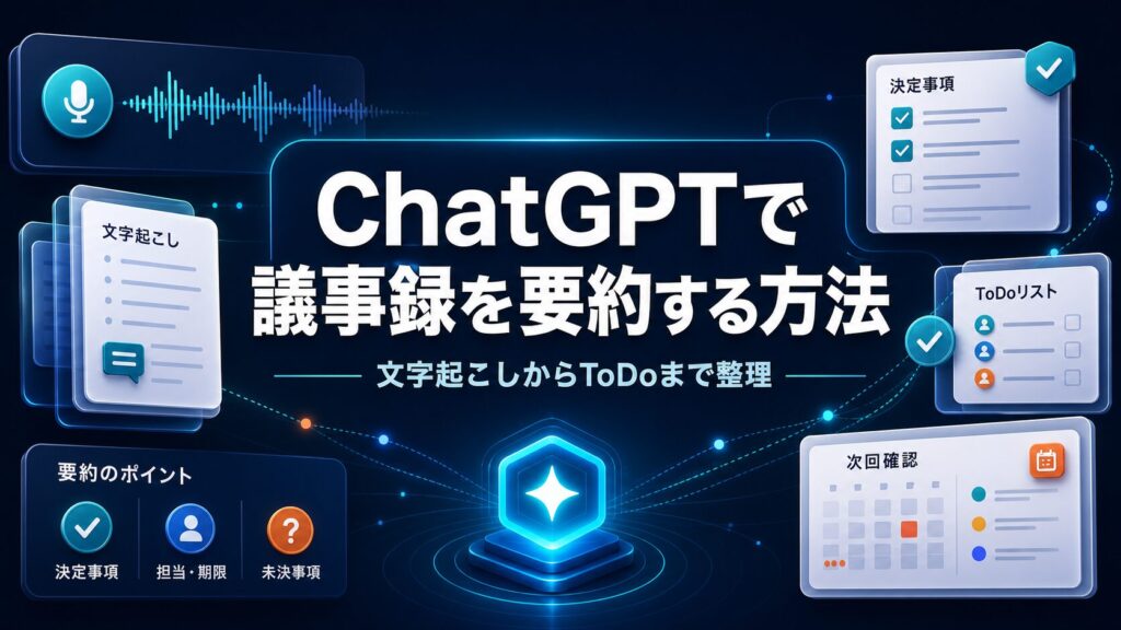 ChatGPTで議事録を要約する方法と文字起こしからToDoまで整理する手順を示すAI生成サムネイル