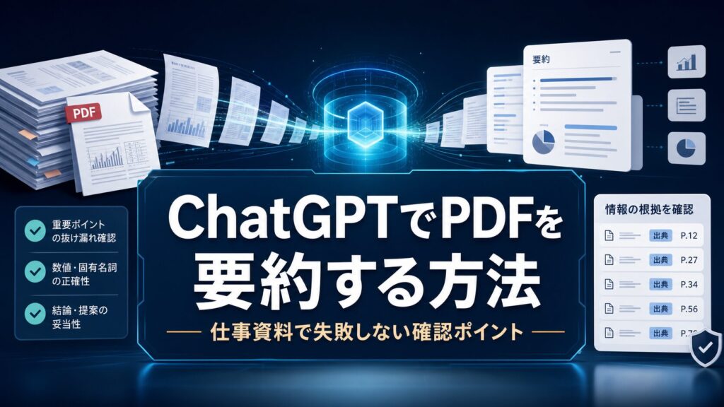 ChatGPTでPDFを要約する方法と仕事資料で失敗しない確認ポイントを示すAI生成サムネイル