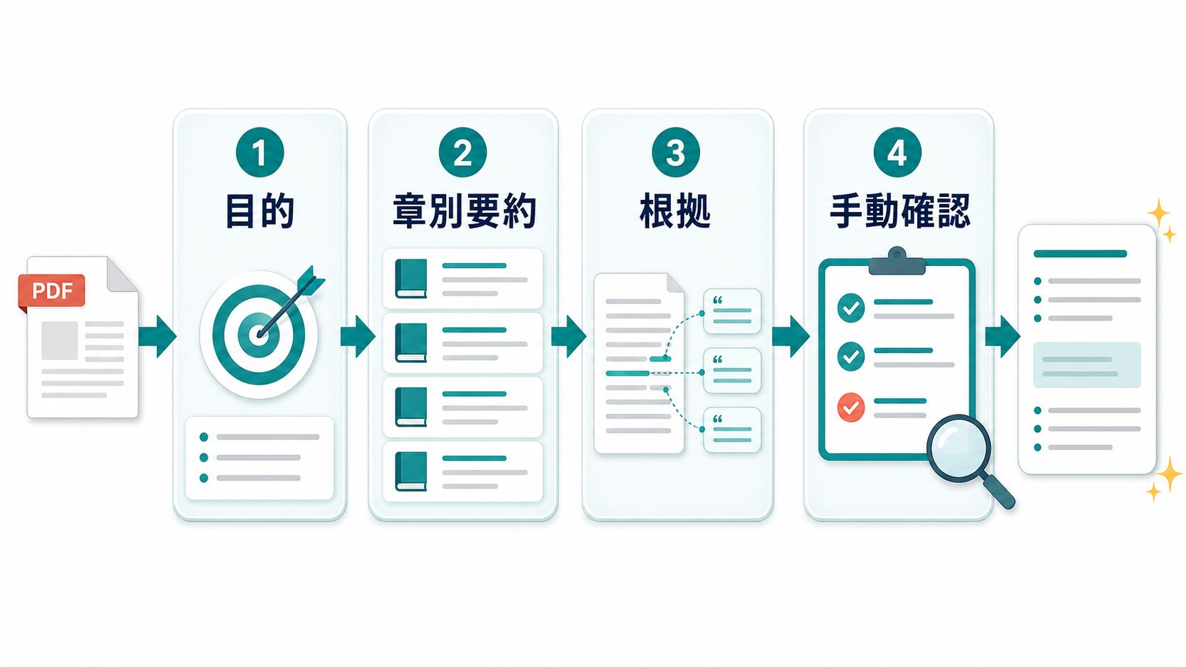 ChatGPTでPDFを要約するときに目的、章別要約、根拠、手動確認の順で進める流れ