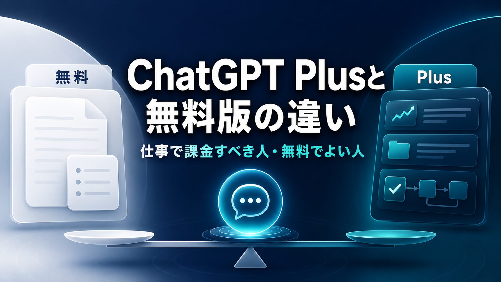 ChatGPT Plusと無料版の違いを仕事利用目線で示すAI生成サムネイル