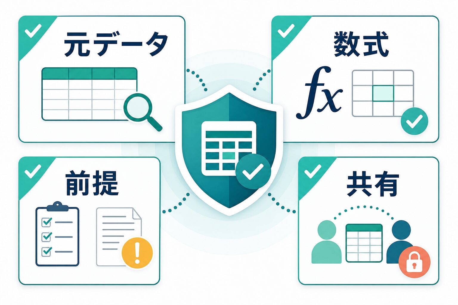 ChatGPTのExcel出力を元データ、数式、前提、共有範囲で確認するチェックリスト図解