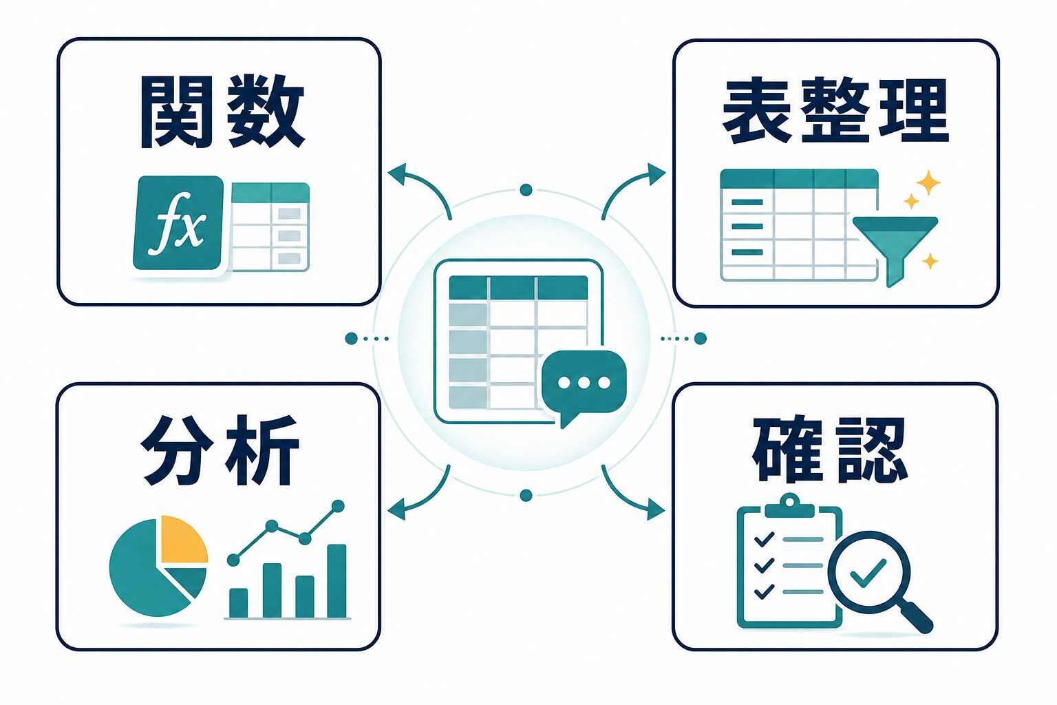 ChatGPTをExcel作業で関数、表整理、分析、確認に分けて使う考え方の図解
