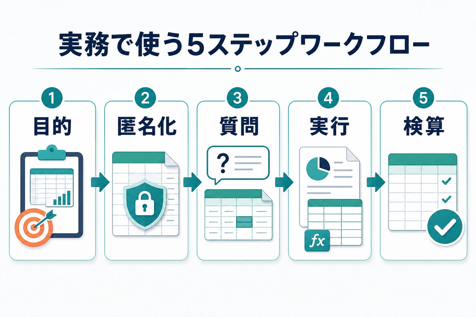 ExcelデータをChatGPTで扱う前に目的、匿名化、質問、実行、検算を進める5ステップ図解
