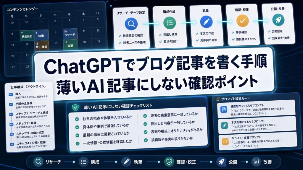 ChatGPTでブログ記事を書く手順と薄いAI記事を避ける確認ポイントを示すアイキャッチ画像