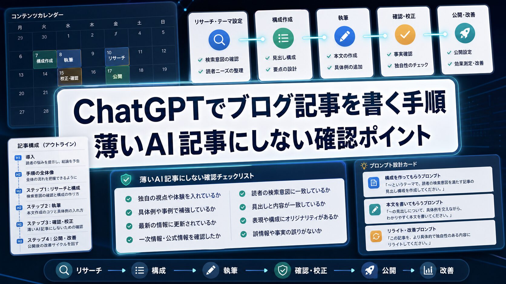 ChatGPTでブログ記事を書く手順と薄いAI記事を避ける確認ポイントを示すアイキャッチ画像