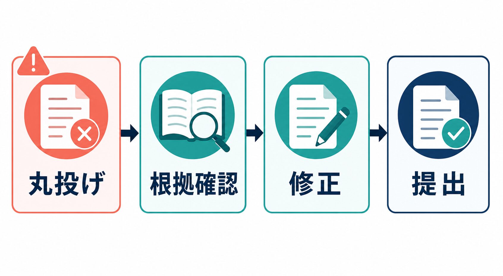 ChatGPTの回答を丸投げせず根拠確認、修正、提出へ進める手順図