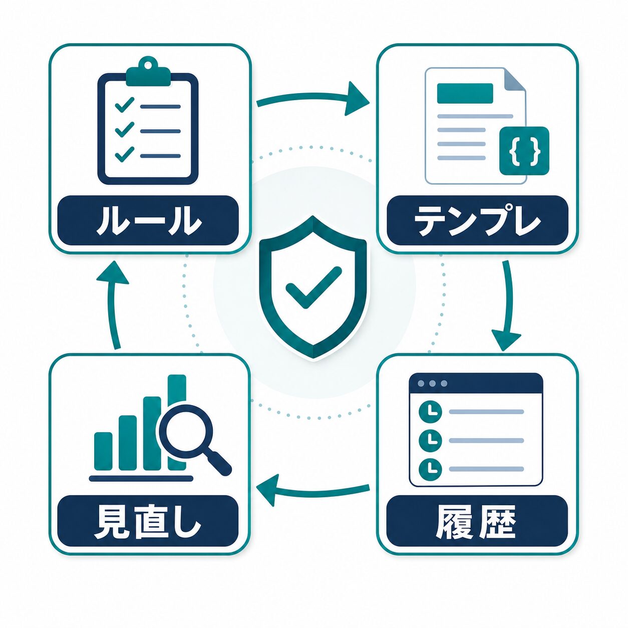 ルール、テンプレ、履歴、見直しで安全なAI利用を回す図