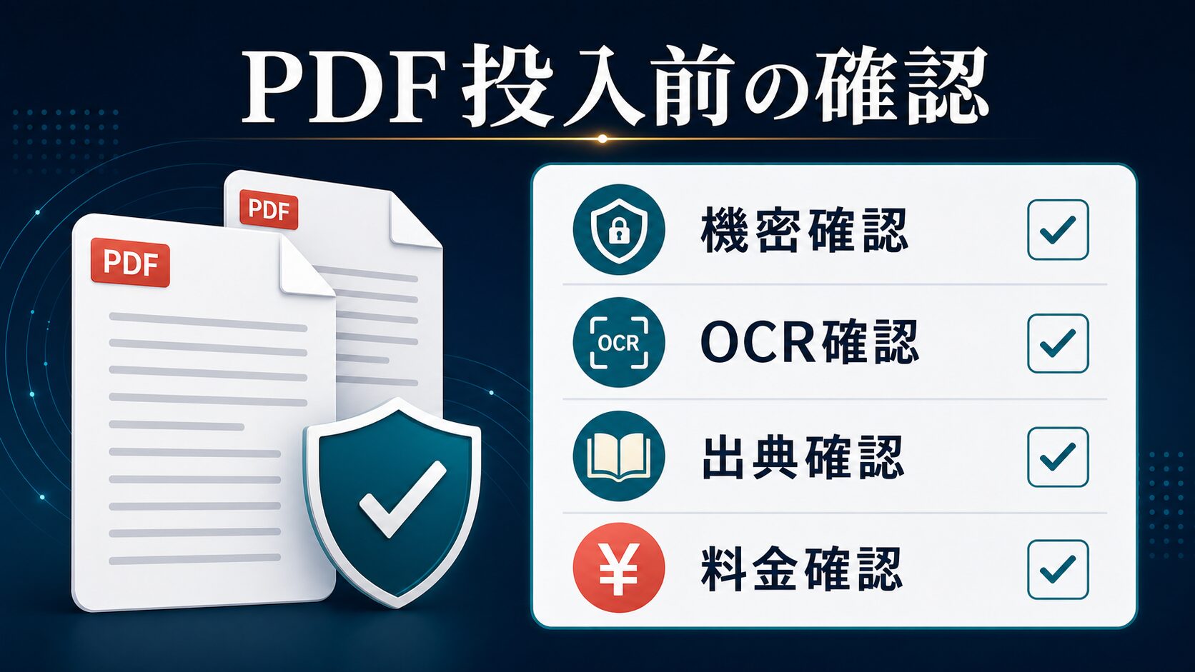 PDFをAIに投入する前に機密、OCR、出典、料金を確認するチェックリスト図