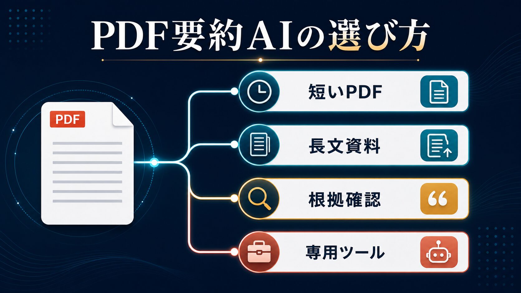 短いPDF、長文資料、根拠確認、専用ツールの観点でPDF要約AIを選ぶ判断図