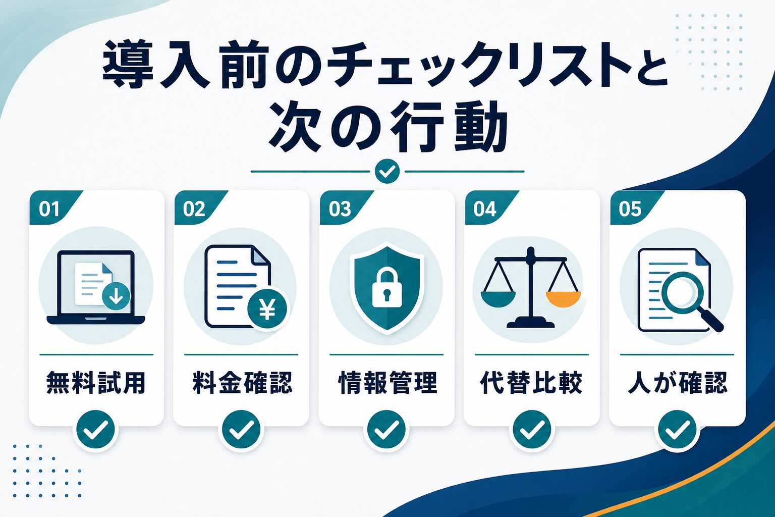 無料試用、料金確認、情報管理、代替比較、人が確認の五つを示す導入前チェックリスト