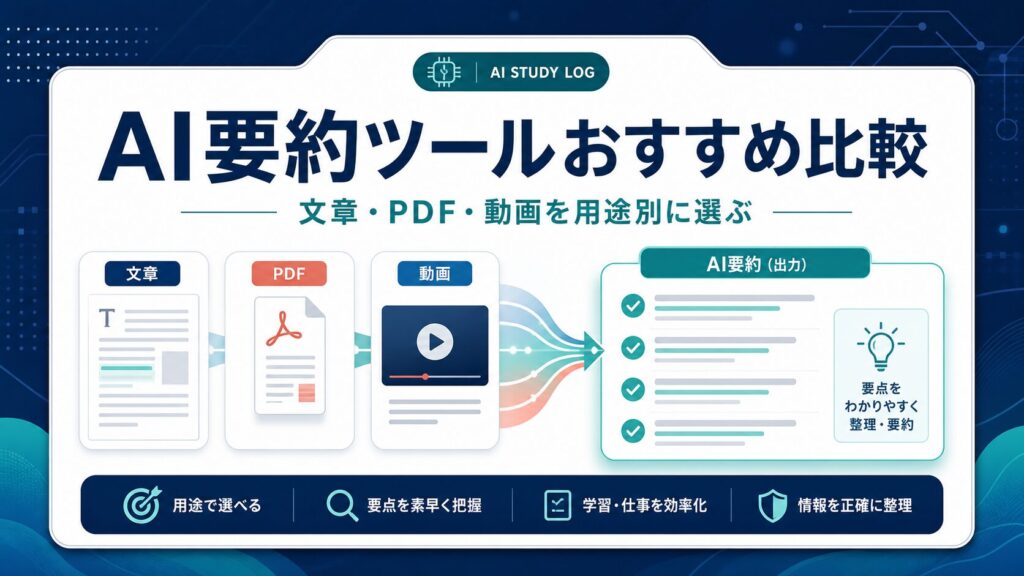 AI要約ツールを文章、PDF、動画の用途別に選ぶことを示すAI生成サムネイル