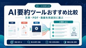 AI要約ツールを文章、PDF、動画の用途別に選ぶことを示すAI生成サムネイル