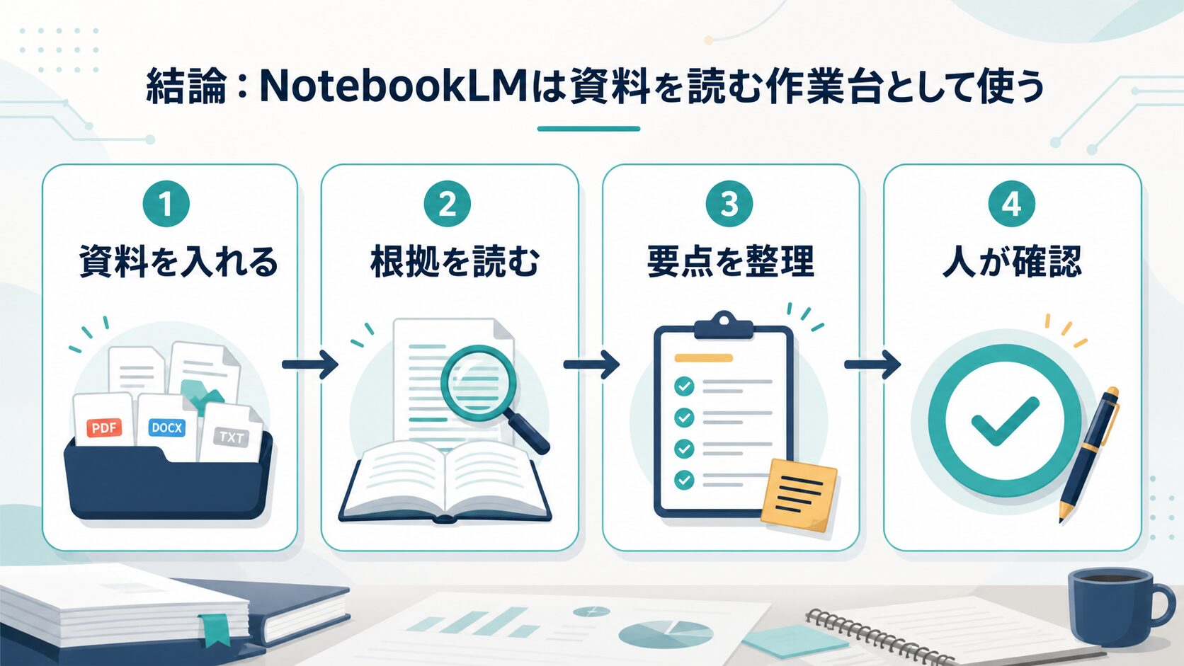 NotebookLMを資料を読む作業台として使い、人が確認する流れを示す図