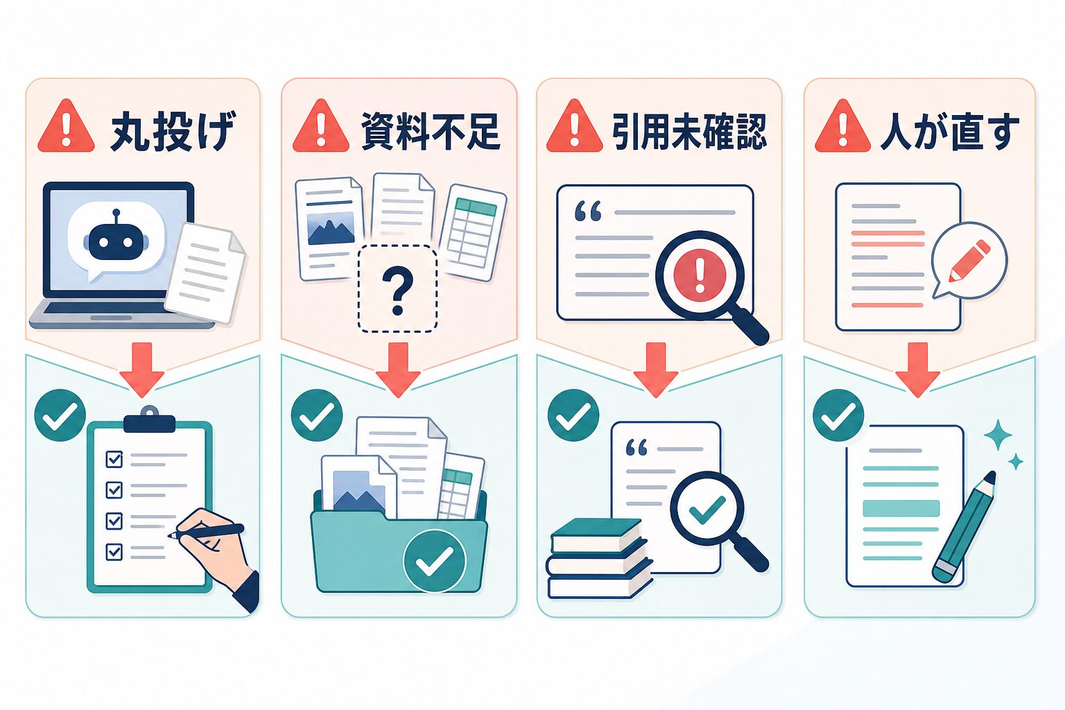 NotebookLMで丸投げ、資料不足、引用未確認を避け、人が直す流れを示す図