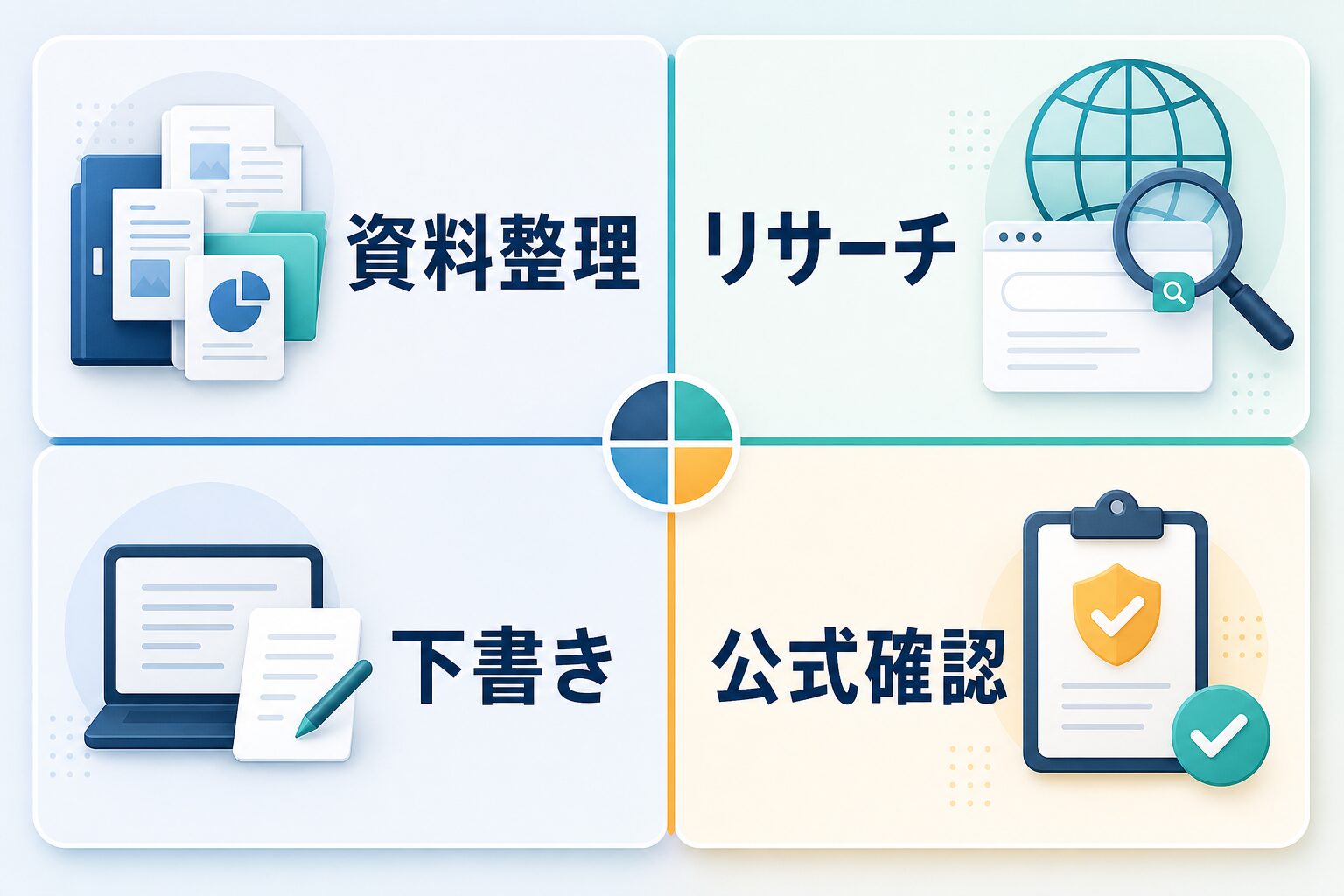 NotebookLM、AI検索、ChatGPT、公式確認を資料整理、リサーチ、下書き、確認で使い分ける図