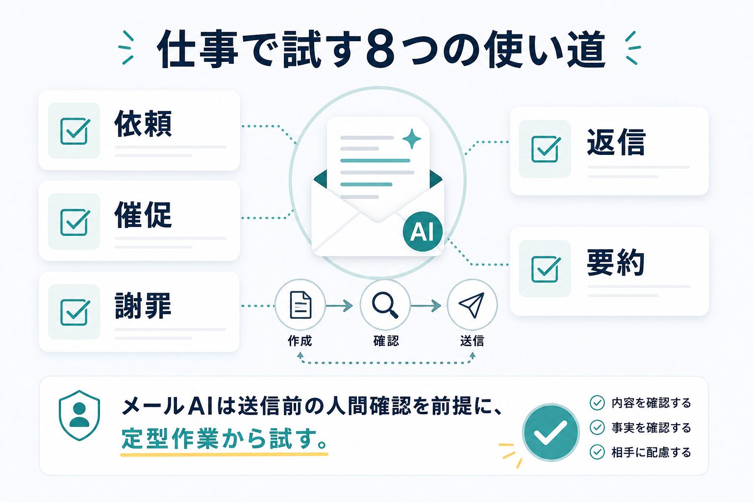 依頼、催促、謝罪、返信、要約など仕事メールでAIを試す使い道の図