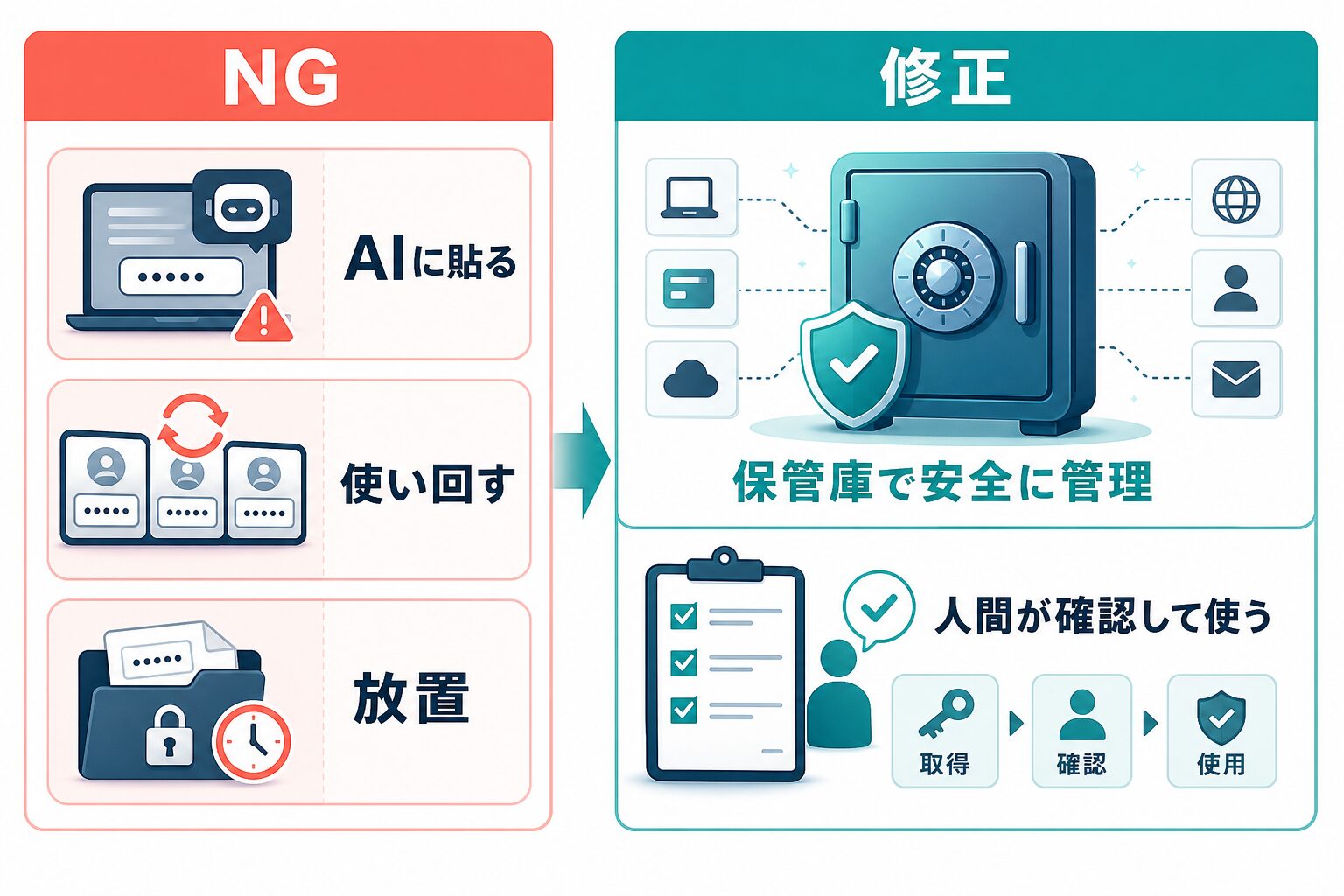 AIに貼る、使い回す、放置するパスワード運用を修正する図