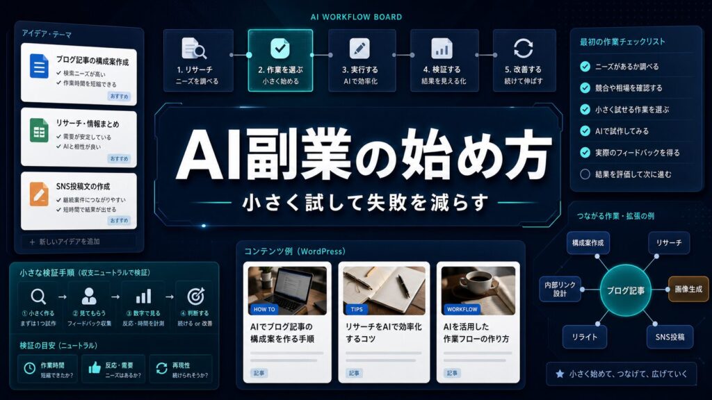 AI副業の始め方と小さく試して失敗を減らす検証手順を示すアイキャッチ画像
