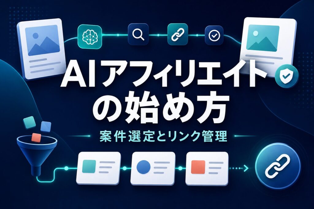 AIアフィリエイトの始め方と案件選定・リンク管理を示すアイキャッチ画像