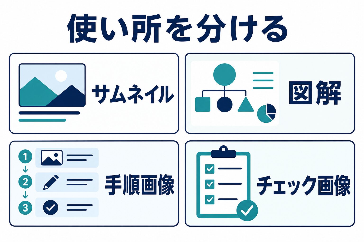 AI画像生成をブログで使う場所をサムネイル、図解、手順画像、チェック画像に分けた図解