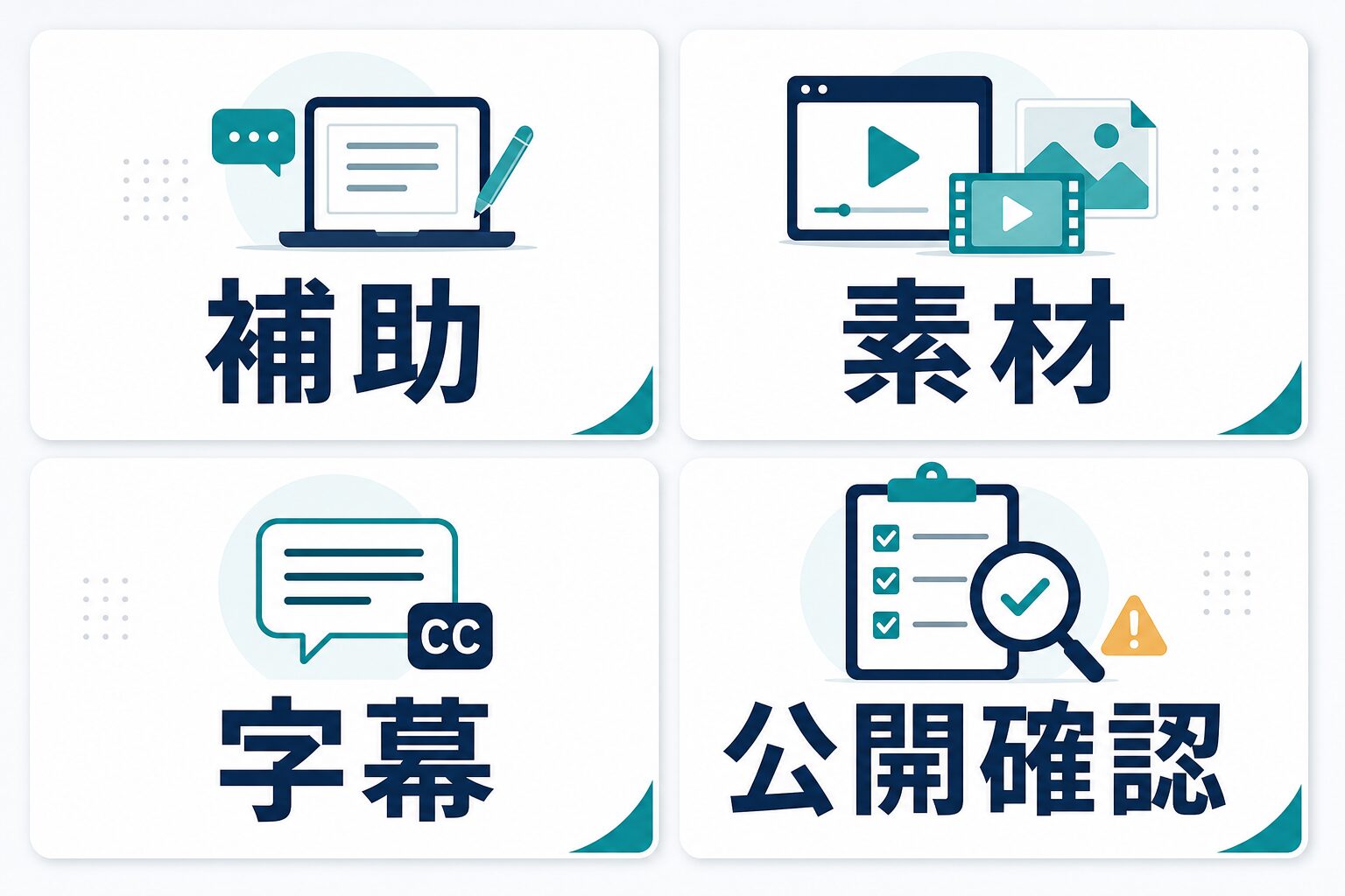 AI動画生成の副業用途を補助、素材、字幕、公開確認に分ける図