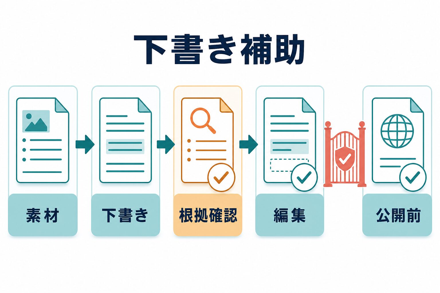 AI生成プラグインを下書き補助として使い公開前に確認する流れの図解