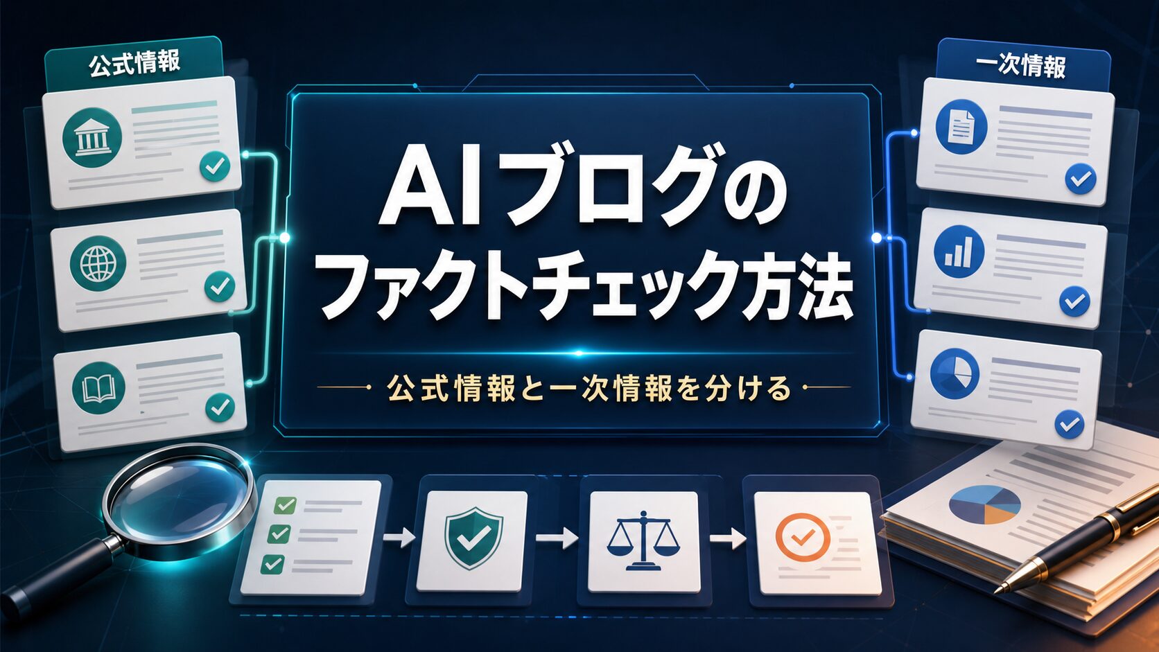 AIブログのファクトチェック方法を示すAI生成サムネイル