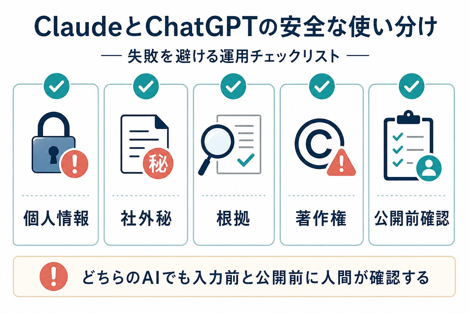 ClaudeとChatGPTを使う前に個人情報、社外秘、根拠、著作権、公開前確認を見るチェックリスト