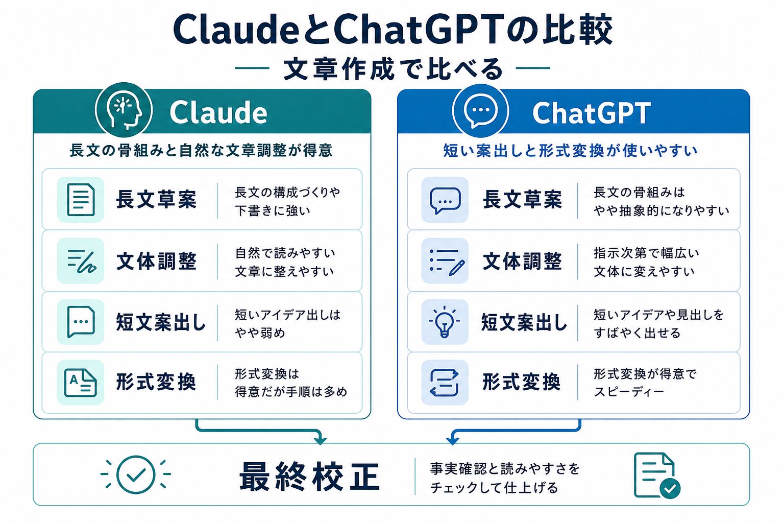 ClaudeとChatGPTを長文草案や文体調整など文章作成の観点で比較する図