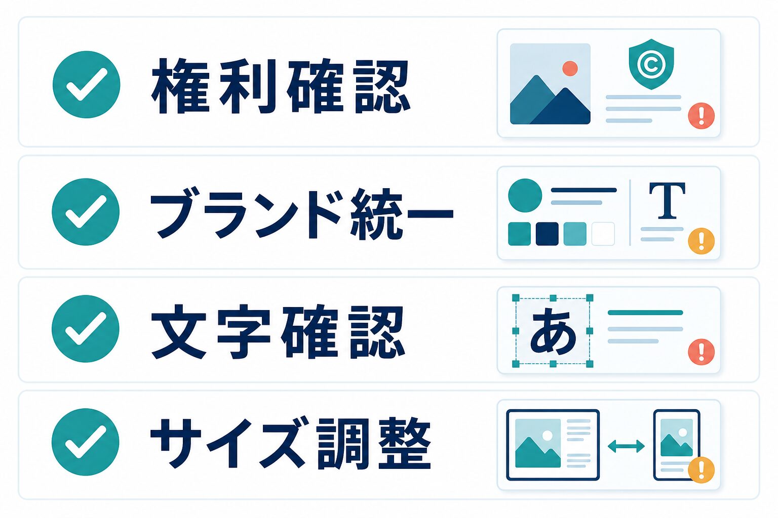 権利確認、ブランド統一、文字確認、サイズ調整の公開前チェックリスト