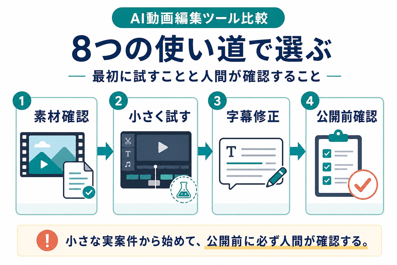 素材確認、小さく試す、字幕修正、公開前確認の動画編集ワークフロー