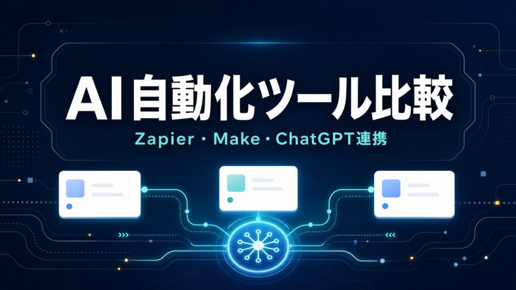 Zapier、Make、ChatGPT連携を比較し、AI自動化の始め方を示すサムネイル