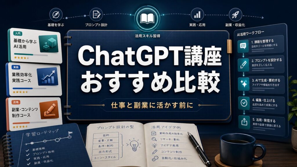 ChatGPT講座おすすめ比較と仕事・副業向けの学習ロードマップを示すAI生成サムネイル