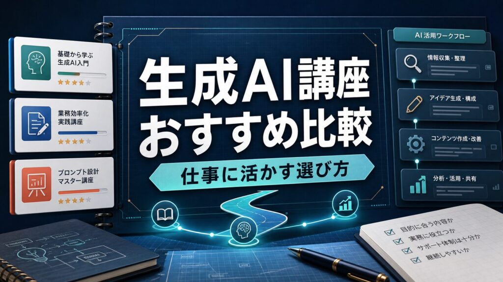 生成AI講座おすすめ比較と仕事に活かす選び方を示すAI生成サムネイル