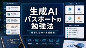 生成AIパスポートの勉強法と仕事に活かす学習範囲を示すアイキャッチ画像
