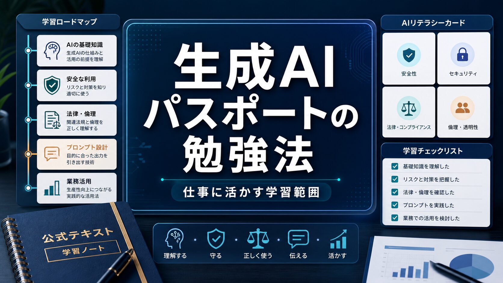 生成AIパスポートの勉強法と仕事に活かす学習範囲を示すアイキャッチ画像