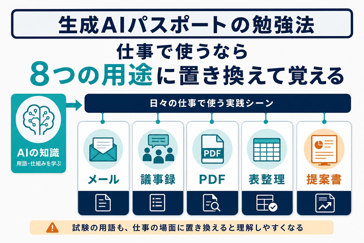 生成AIパスポートの学習内容をメール、議事録、PDF、表整理、提案書に置き換える図解