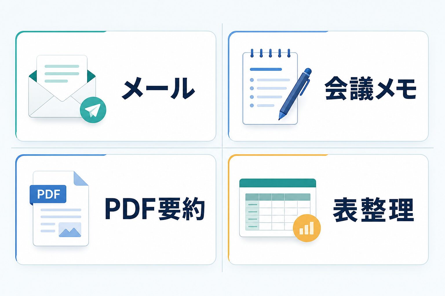メール、会議メモ、PDF要約、表整理でChatGPTを練習する図