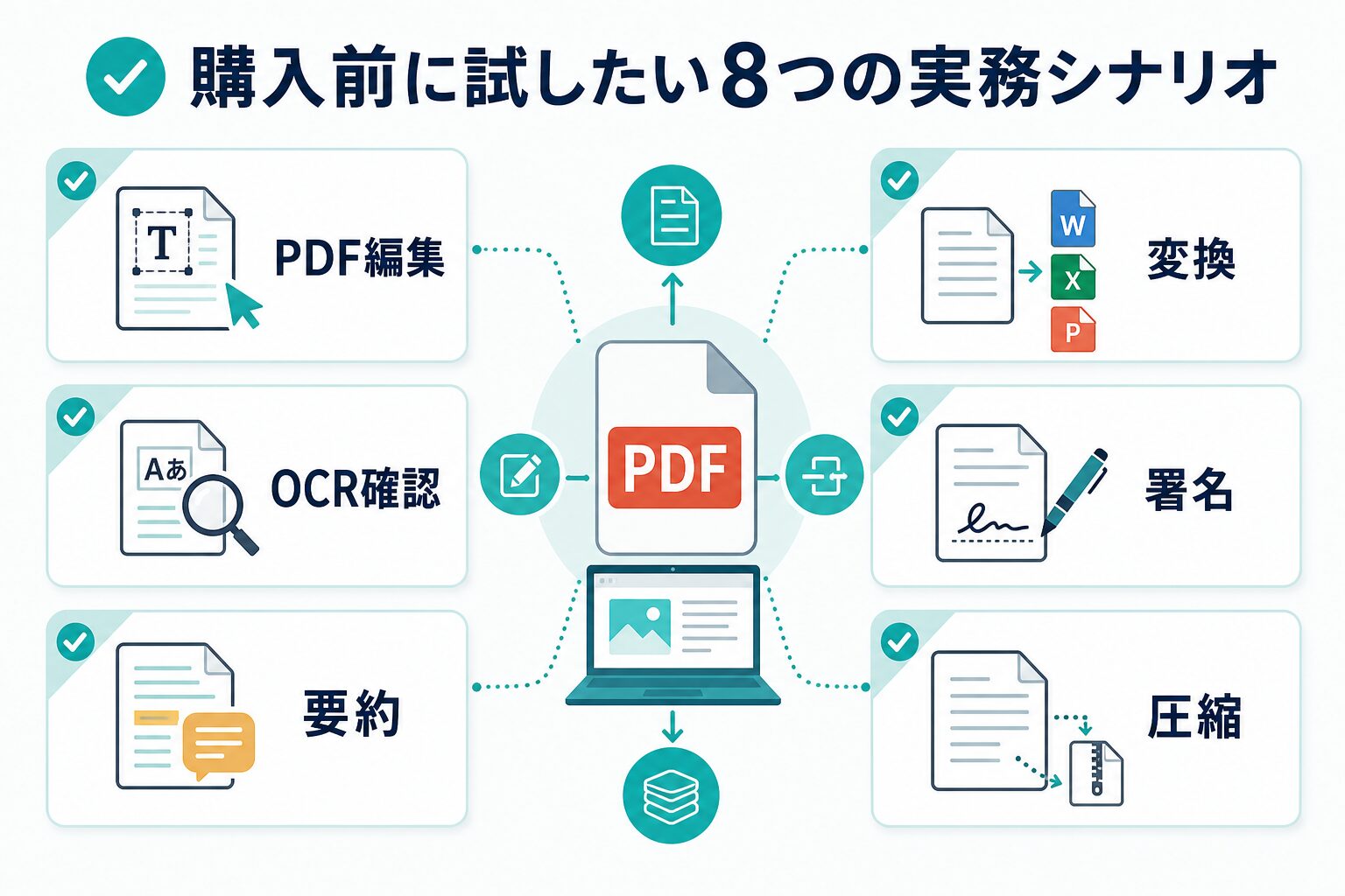 PDFelement購入前にPDF編集OCR確認要約変換署名圧縮を試す図解