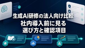 生成AI研修の法人向け比較と社内導入前の確認項目を大きな日本語タイトルで示すAI生成サムネイル