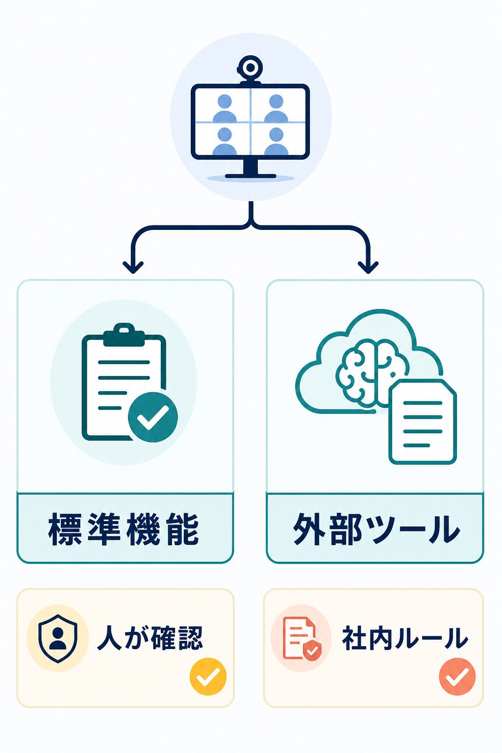 Zoom標準機能と外部ツールを選ぶ判断軸を示すAI生成図解
