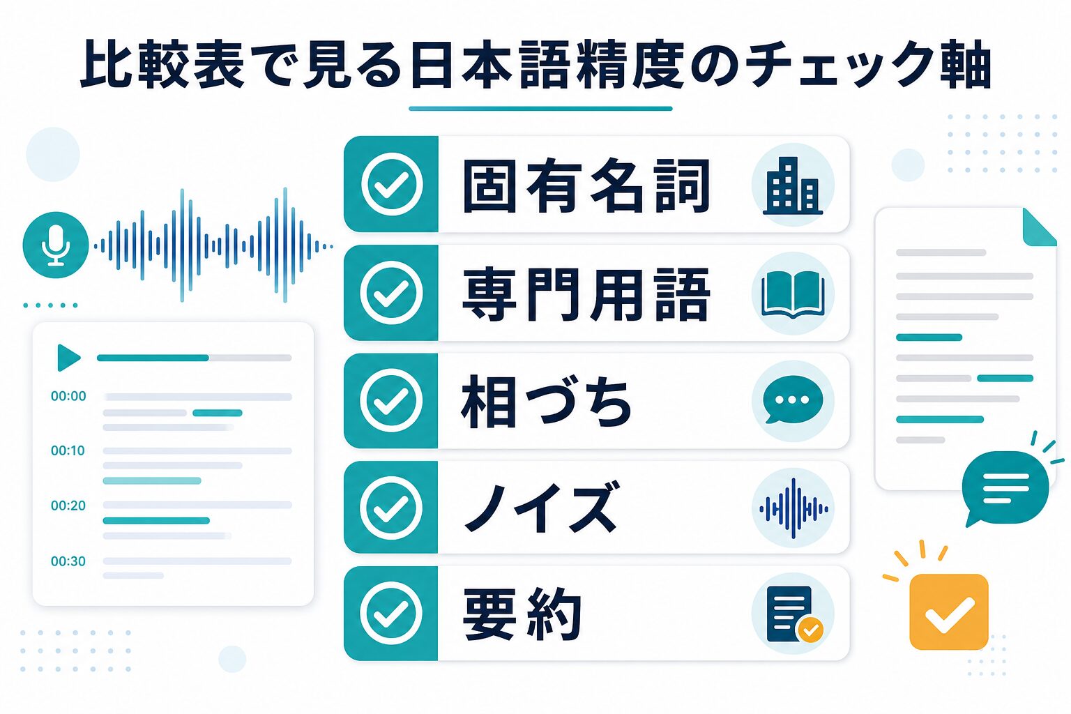 固有名詞、専門用語、相づち、ノイズ、要約で日本語文字起こし精度を確認するAI生成図解