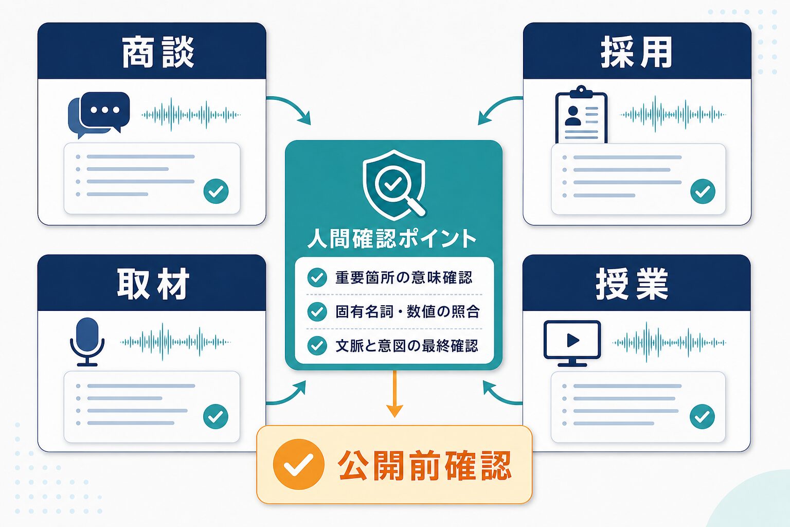商談、採用、取材、授業などの文字起こしAI利用場面と人間確認ポイントを示すAI生成図解